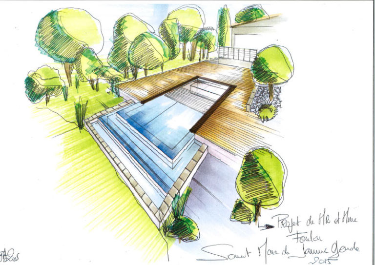 Croquis de la future rénovation d'une piscine. Planète Eau Piscines, Construction, Rénovation, Entretien. Artisan pisciniste sur Aix en Provence et ses alentours.