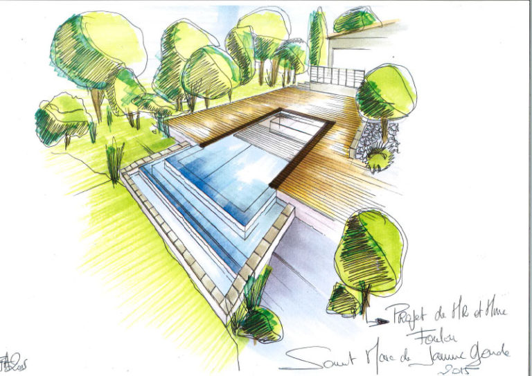 Croquis de la future construction d'une piscine. Planète Eau Piscines, Construction, Rénovation, Entretien. Artisan pisciniste sur Aix en Provence et ses alentours.